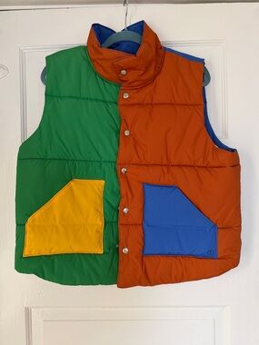 Colorblock Puffer Vest in Green, Orange & Blue with Yellow Pockets